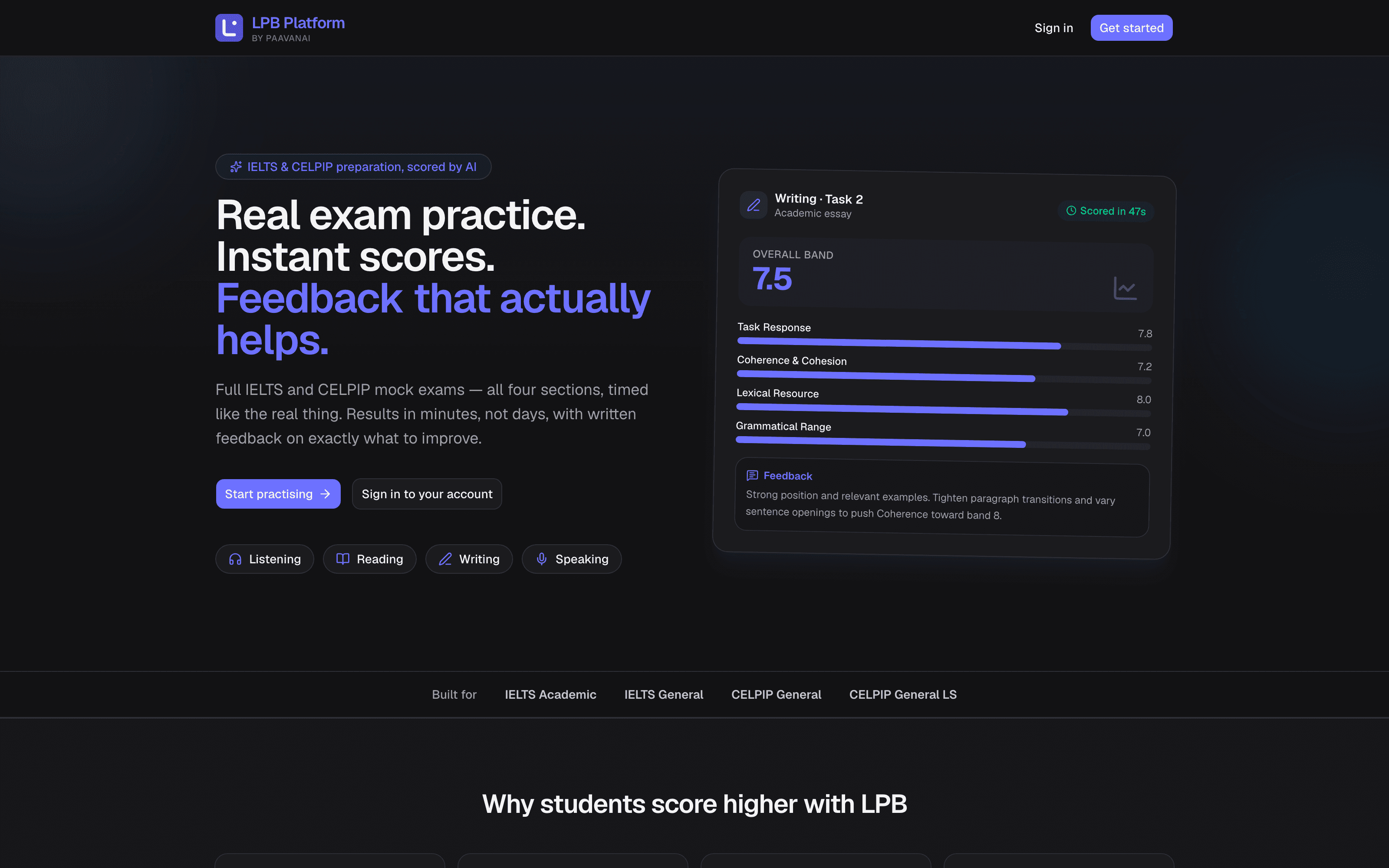 LPB Platform — real exam practice with instant scores and a live band score report