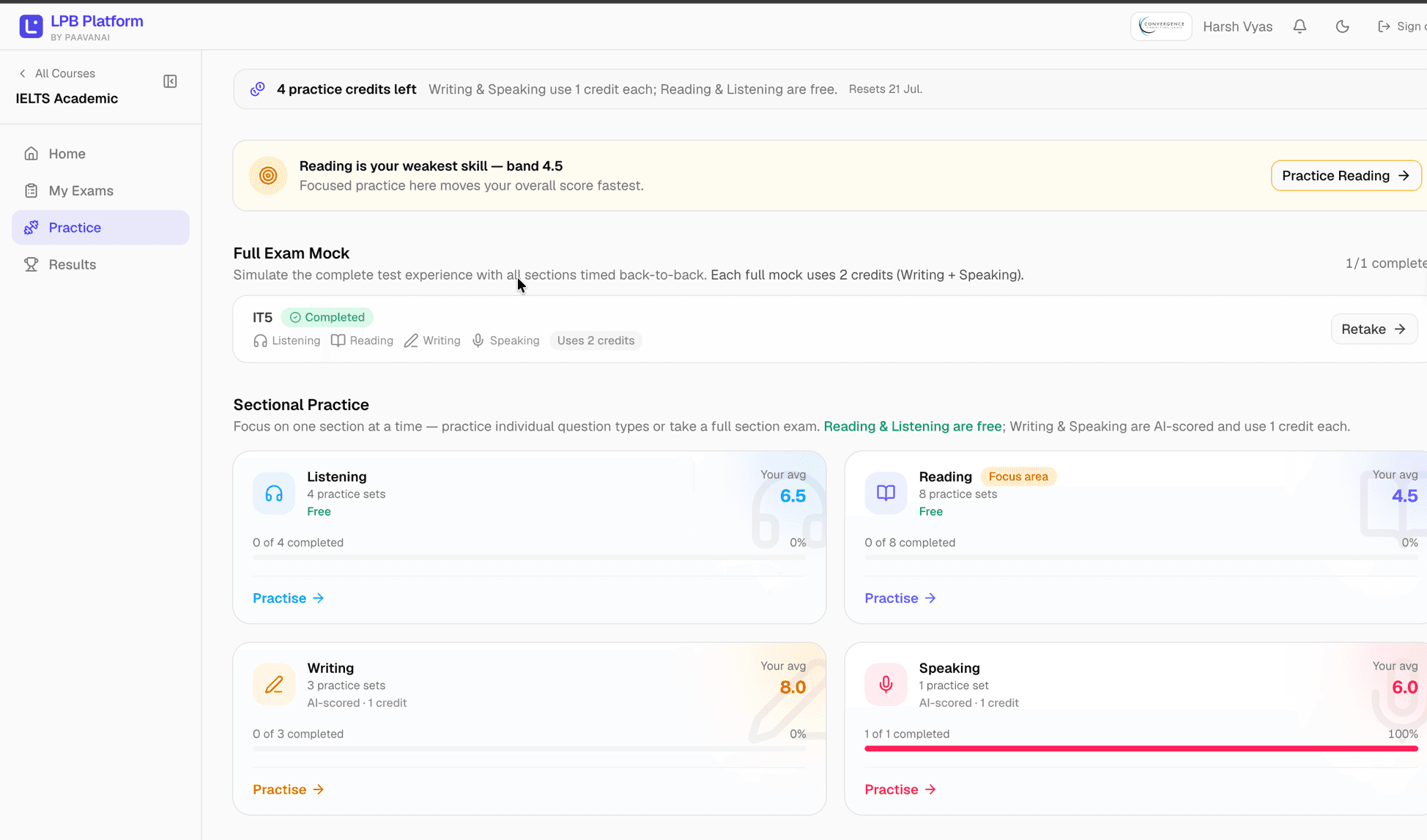 LPB Platform practice hub with full exam mocks, sectional practice, and AI-scored band averages