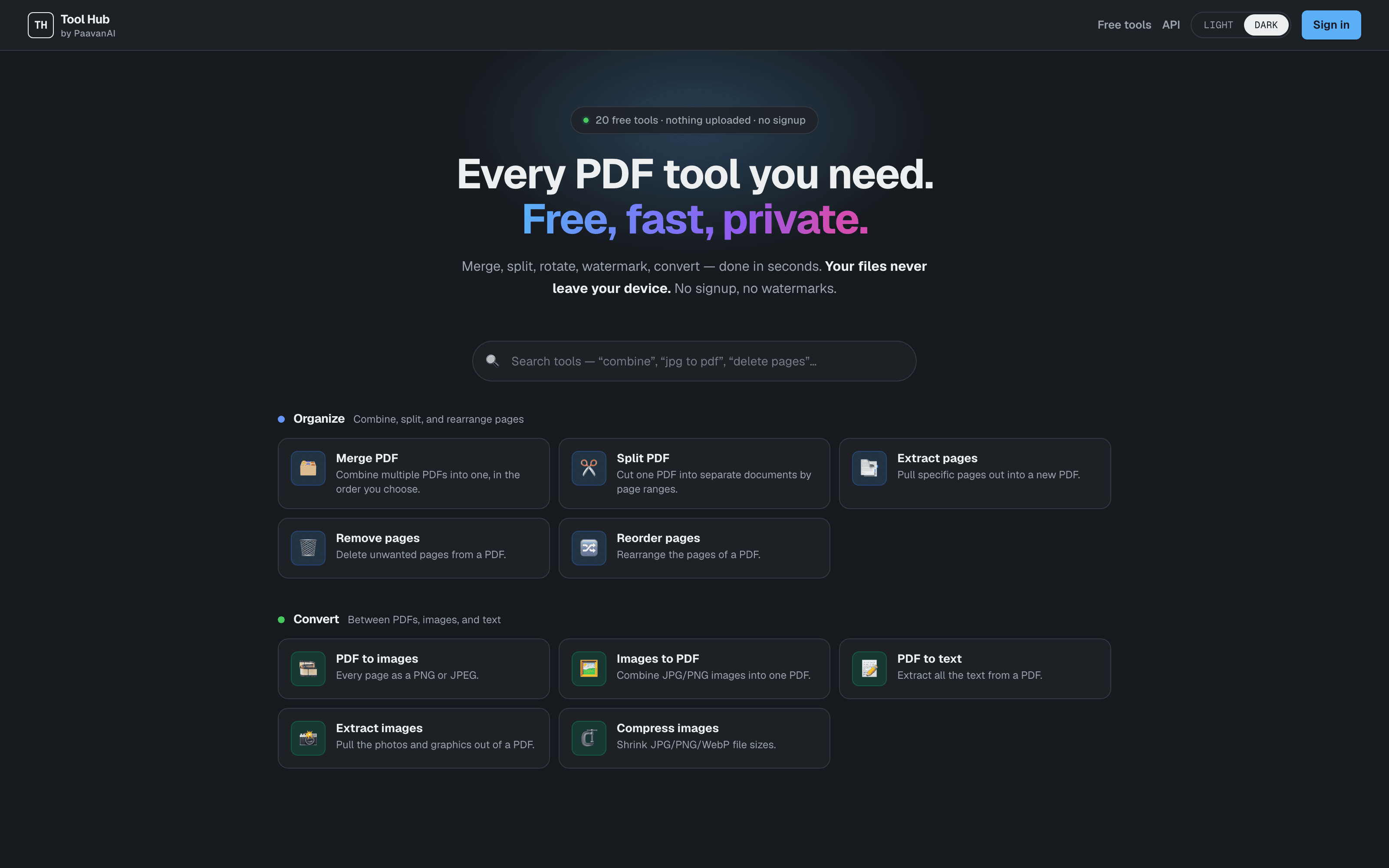 Tool Hub homepage with categories of free browser-based PDF tools